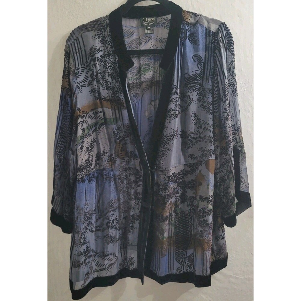 Citron Santa Monica 2X Art To Wear Silk Blend Open Jacket Kimono Velvet Trim